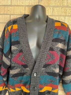 Adam Sloane Tribal Cosby Geometric Cardigan Sweater Vtg 80s/90s Grandpa Unisex L